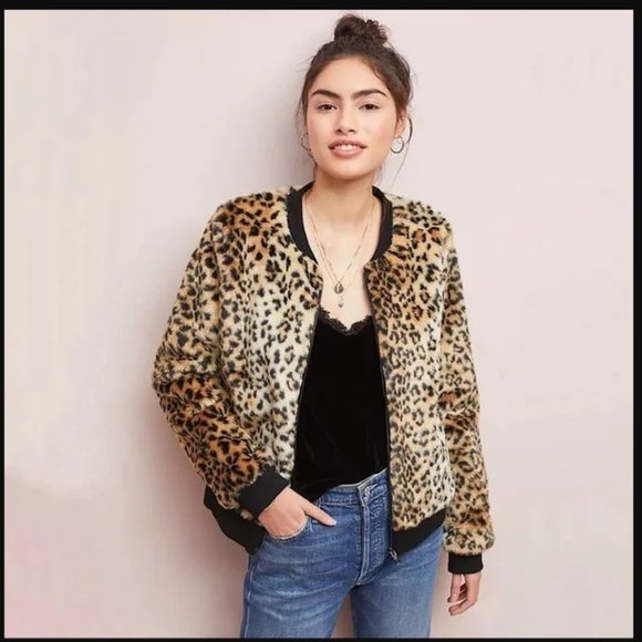 Anthropologie Jackets & Blazers - Anthropologie SKIES ARE BLUE Leopard Faux Fur Bomber Jacket Large